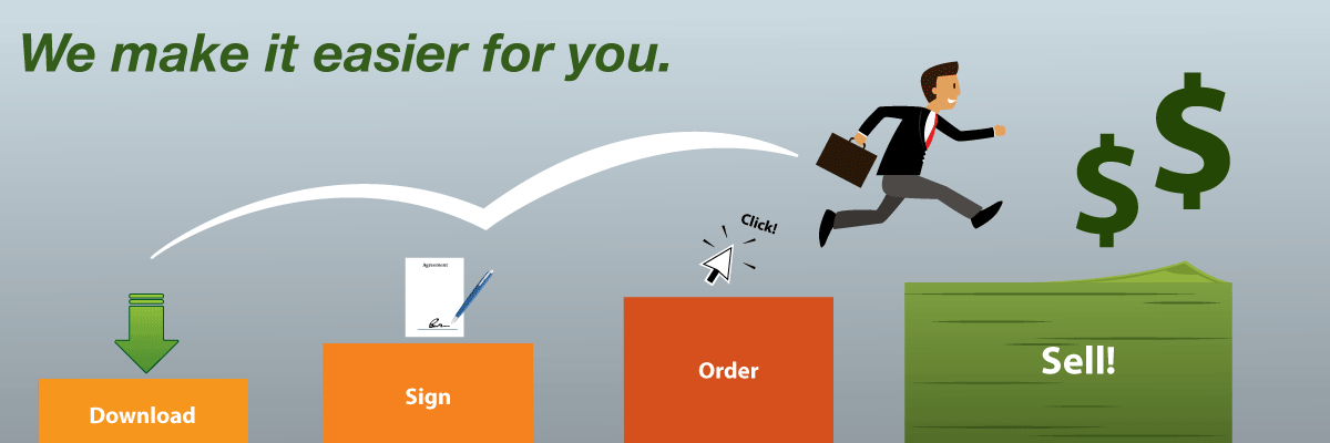 Illustration that shows how to sell our wholesale contractors licensing courses. 1. Donwload.  2. Sign.  3. Order.  4. Sell