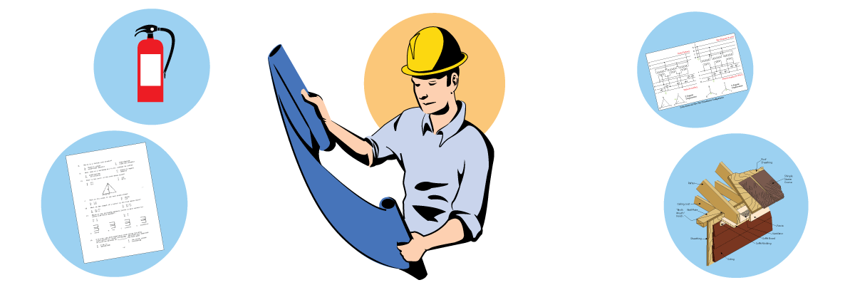 A contractor student studying a blue print as well as course elements.  Course pages showing safety, practice tests, and diagrams.