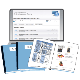 Contractors Licens Curriculum.  Print Books (manuals) and Online Tests displayed on a laptop.