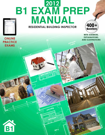 2012 B1 Exam Prep Manual Cover.  Features a building inspector, plans, and a house.